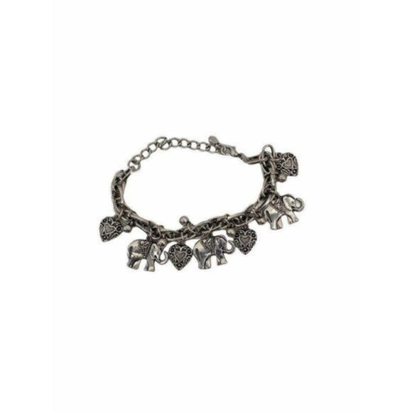 Oriental Elephant and Heart Charm Bracelet Sliver Tone - Picture 1 of 12